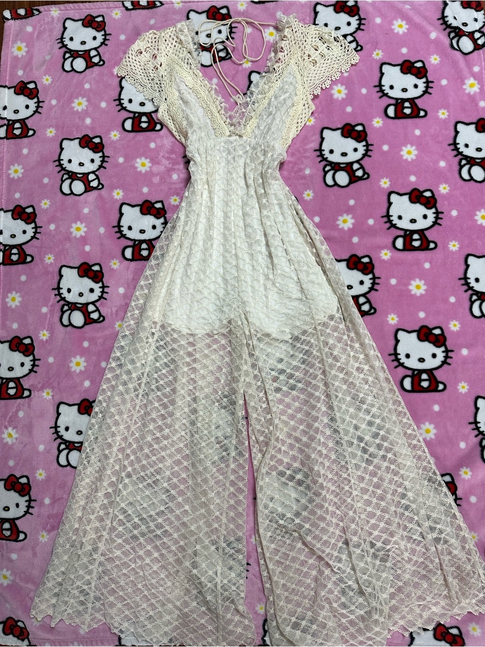 Free People Cream Lace Crochet Maxi Wide Leg Jumpsuit